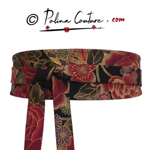 Black Obi Waist belt, floral golden frieze pattern + Plain solid black; purple ochre red green, Flowers blossom peony