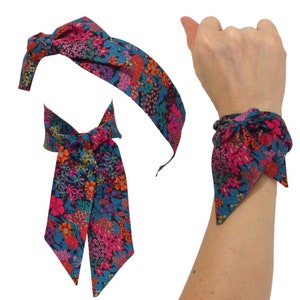 Foulard Bandeau Fuchsia pink blue Liberty Ciara, Tissu coton à nouer Cheveux, Bracelet, Headband fil de fer; petit ruban sac femme fille