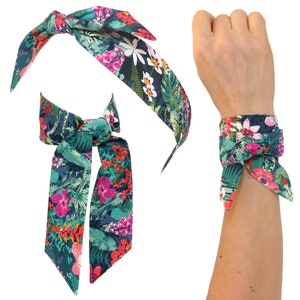 Foulard Bandeau à nouer, Cheveux, Bracelet, Tissu coton Jungle Vert Fuchsia; déco chapeau sac, option Headband fil de fer, femme enfant