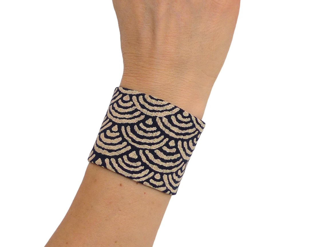 Fabric Cuff Bracelet, Navy Blue Japanese Fabric, Beige Geometric Waves