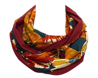 Double Sided, Plain dark red &  Mustard / Rust / Ochre / Fir Green Plant Pattern, Organic Japanese Fabrics, Infinity / loop scarf
