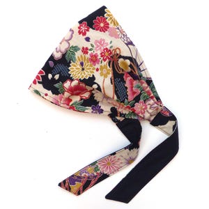 Hair scarf / wide headband, self-tie, in black with dark green violet floral motif, Japanese cotton fabric, women's Kerchief