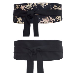 Reversible Waist Belt / Wrap belt,  Plain black or Floral Japanese fabric with pastel cherry blossom / obi Sash, for dress, kimono, jumpsuit