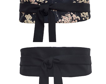 Reversible Waist Belt / Wrap belt,  Plain black or Floral Japanese fabric with pastel cherry blossom / obi Sash, for dress, kimono, jumpsuit