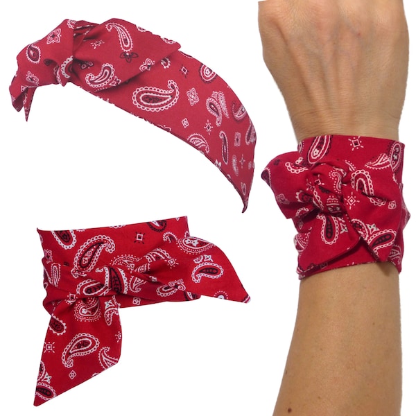 Foulard Bandeau à nouer, Bandana Rouge, Cheveux Bracelet, Headband fil de fer, motif cachemire Paisley; blanc noir, femme coton