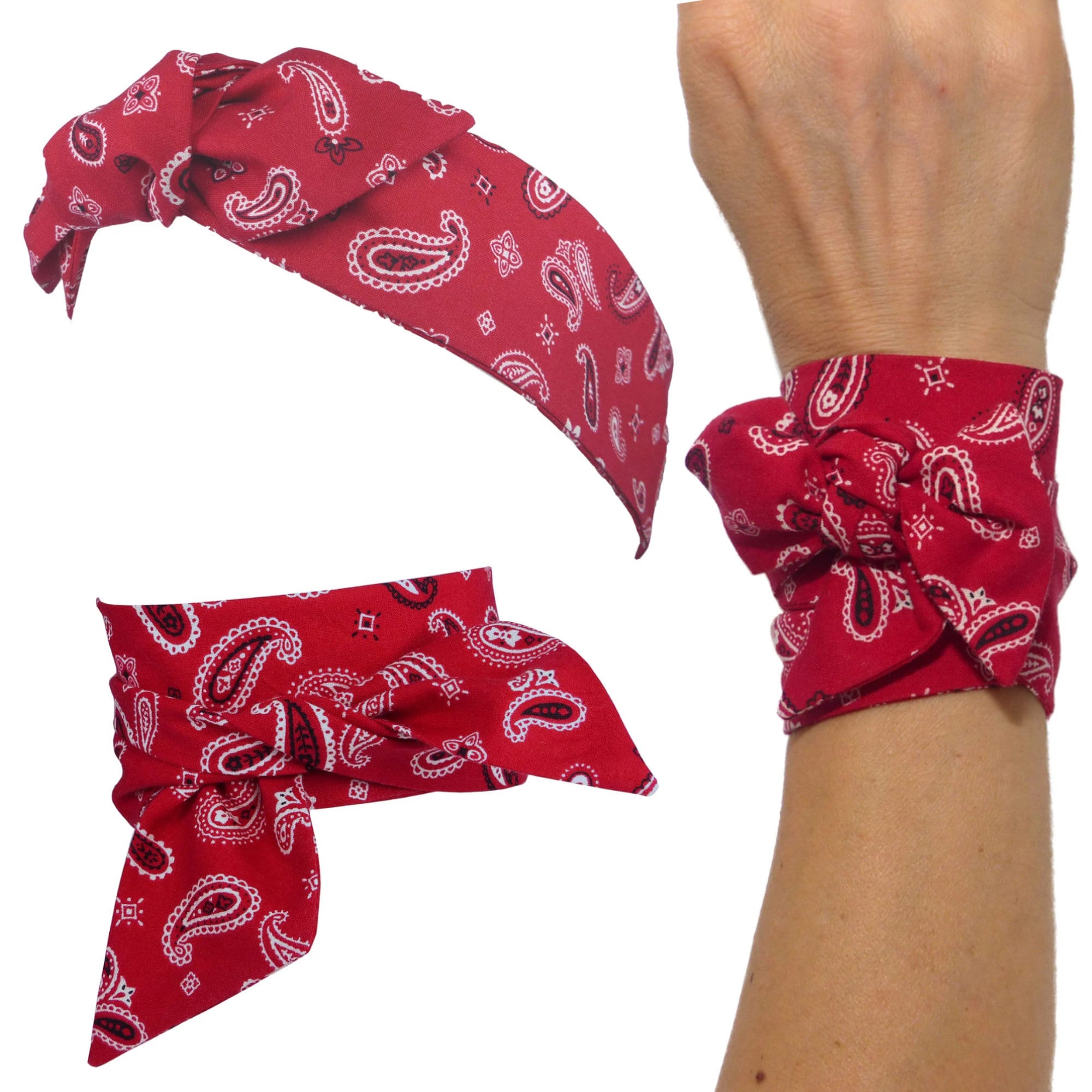 Foulard Bandeau à nouer, Bandana Rouge, Cheveux Bracelet, Headband fil de  fer, motif cachemire Paisley blanc noir, femme coton -  France