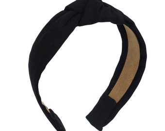 WIDE or NARROW knotted headband, black linen fabric,  girl's women's hair band