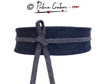 Pure SILK Obi Belt, navy blue bourette, like Denim Jeans or Linen, Wide wrap belt, Reversible Waist belt, for dress kimono tunic