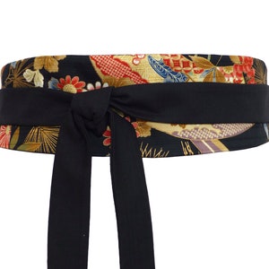 Cintura reversibile con motivo giapponese Nero, tinta unita/multicolore e oro, tessuto obi, abito kimono, donna
