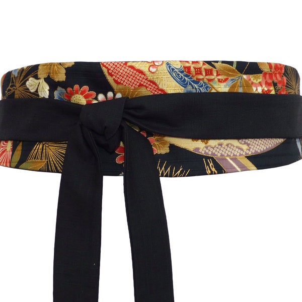 Ceinture à nouer Réversible Noir, Uni / motif Japonais multicolore et doré, obi en tissu, kimono robe, femme