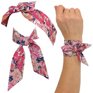 Coton Soyeux, Foulard Bandeau à nouer, Motif Fleuri Bleu Marine Rose, Tissu Liberty, Cheveux Headband fil de fer, sac, bracelet