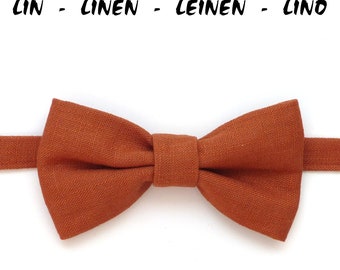 Bow tie, terracotta rust burnt orange, pre-tied, men's Kid, Linen fabric, ceremony wedding