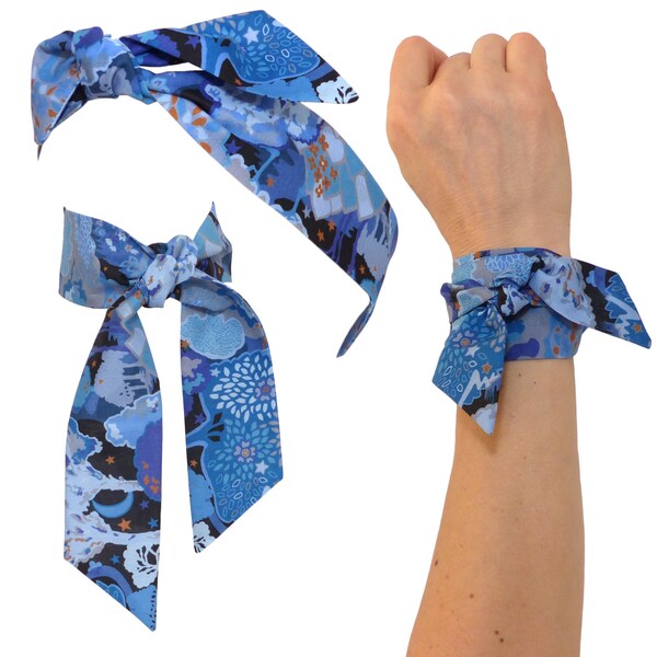 Foulard Bandeau à nouer, Cheveux, Bracelet, Tissu coton Soyeux Bleu Marine Motif végétal; déco chapeau sac, option fil de fer, femme fille