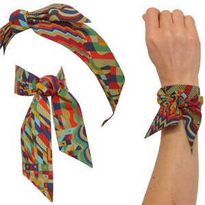 Veelkleurige geometrische grafische hoofdbandsjaal, katoenen stof, haarband, armband, draadhoofdband; kleine lintzak vrouw meisje