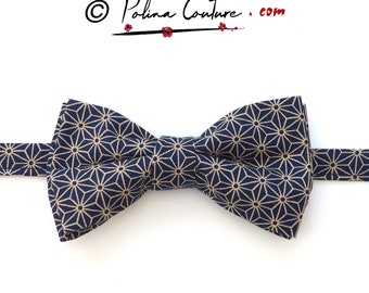 Bow tie, navy Blue with geometric pattern, self tie or pre-tied, men's Kid, Japanese cotton fabric, handmade