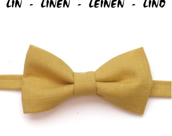 Bow tie, Mustard yellow, pre-tied, men's Kid, Linen fabric, ceremony wedding