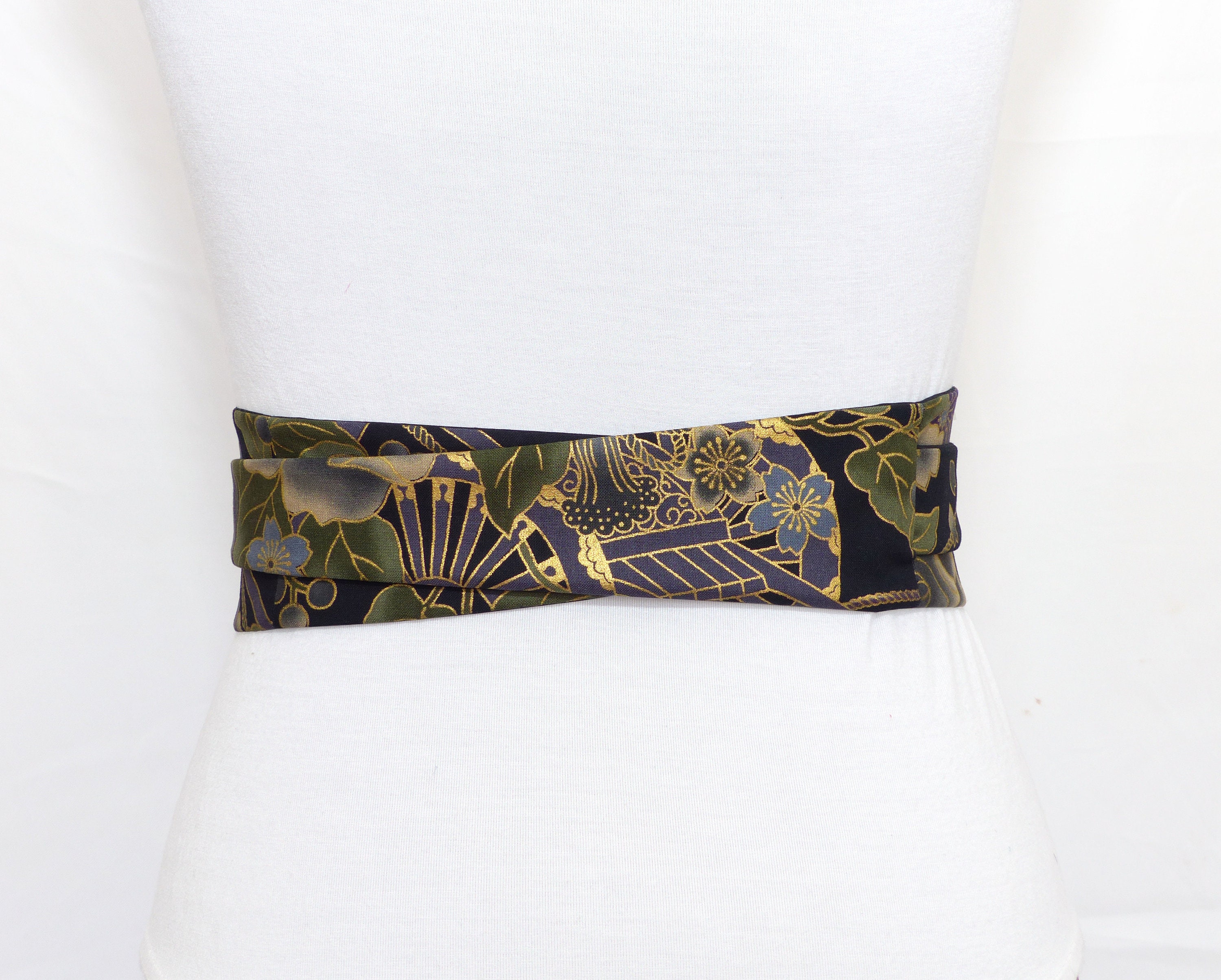 Black Obi Waist Belt With Floral Japanese Frieze of Traditional 
