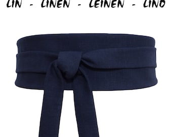 LIN Bleu Marine uni, Ceinture à nouer Obi en tissu pour robe, veste, tunique, kimono ; réversible ; serre taille haute; homme / femme