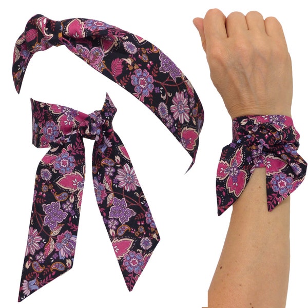 Foulard Bandeau Cheveux à nouer, Motif fleuri Noir Fuchsia violet,  Headband fil de fer, bracelet, noeud, sac ruban chapeau, Femme Fille