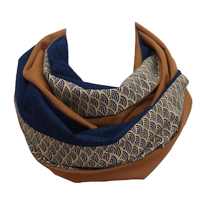 Scarf MERINO wool Camel & navy indigo blue cottons, Infinity Scarf, beige geometric pattern, Japanese, warm winter, women men