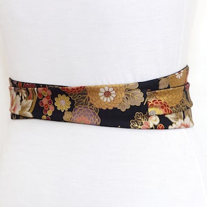 Black Gold Floral Obi Belt, Japanese cotton Fabric, colorful gold sash / Waist / Wide wrap belt, kimono yukata dress womens image 3