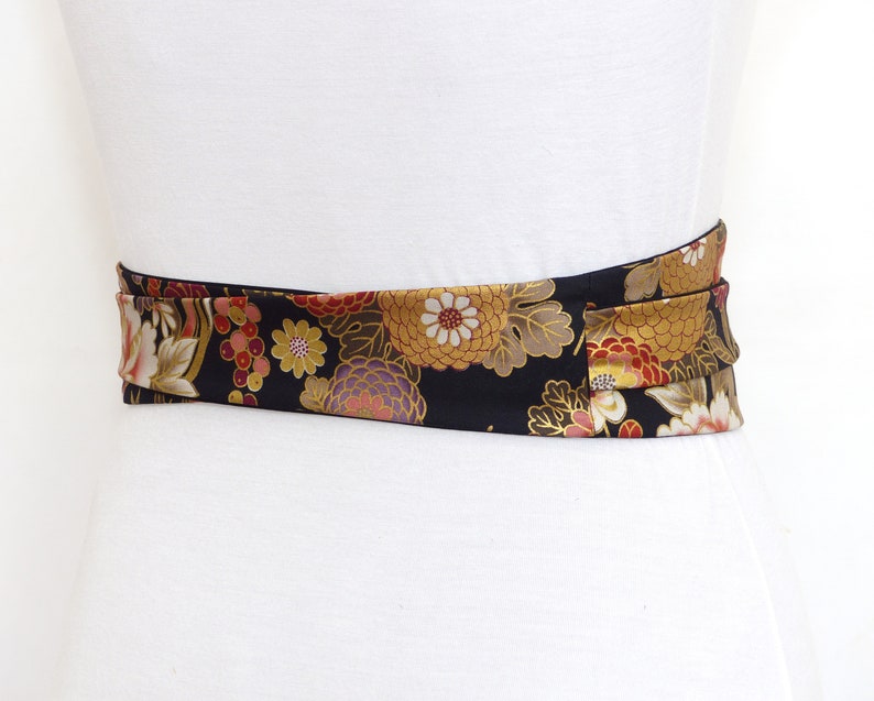 Black Gold Floral Obi Belt, Japanese cotton Fabric, colorful gold sash / Waist / Wide wrap belt, kimono yukata dress womens image 3