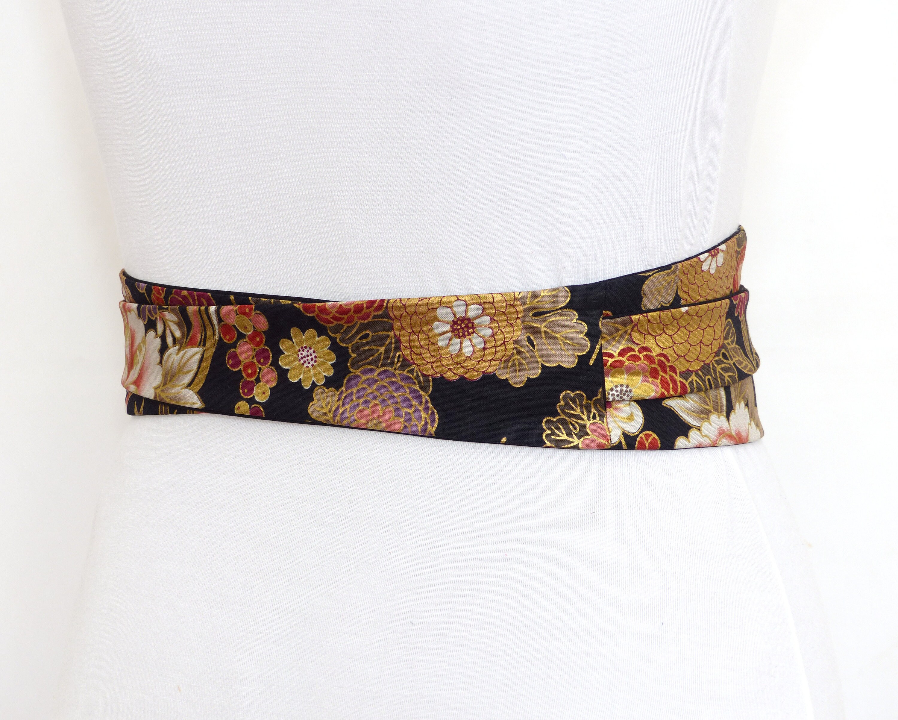 Y2K satin obi waist belt black floral corset wrap whimsygoth Black Obi Waist Belt With Floral Japanese Frieze of  main image 4