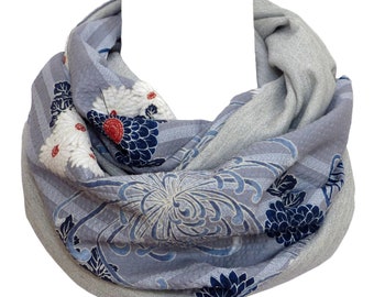 Light Grey Scarf Wool & cotton w. stripes + flowers, Double Sided Infinity Scarf, winter warm women's, floral slate