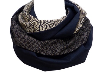 WOOL & COTTON Navy Scarf, Solid + Japanese Fabric dotted sashiko geometric Waves, ecru beige Infinity Snood, womens mens