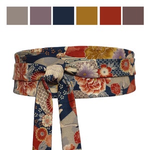 Floral Waist belt Obi Sash, Wide Reversible wrap belt, cotton silk japanese fabric kimono, ochre taupe blue rust orange, peony cranes