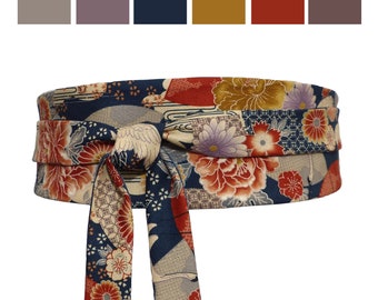 Obi Taillengürtel, Reversibel seide Gürtel, breiter Bindegürtel, japanisch kimono asiatisch Baumwolle, taupe ocker orange rost marine