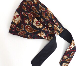 TEINT MAIN, Large bandeau à cheveux , à lanières, Tissu coton Indien noir motifs cachemire beige rouge, Fichu à nouer Femme,