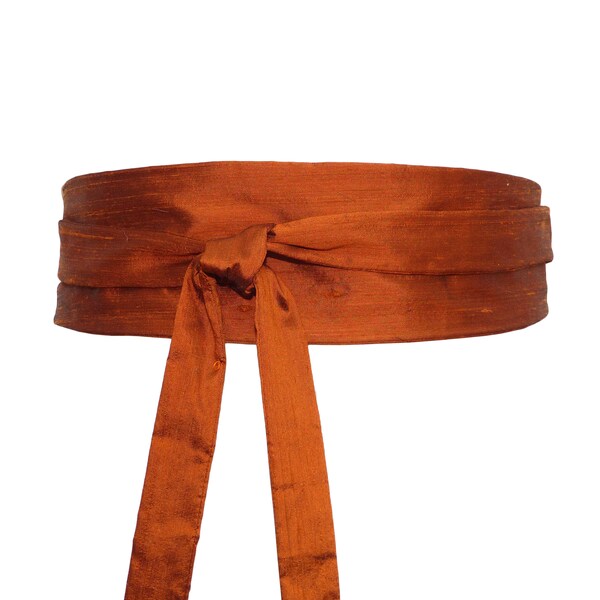 Ceinture en Soie Orange foncé,  Obi à nouer large réversible, kimono robe jupe, femme, rouille terracotta