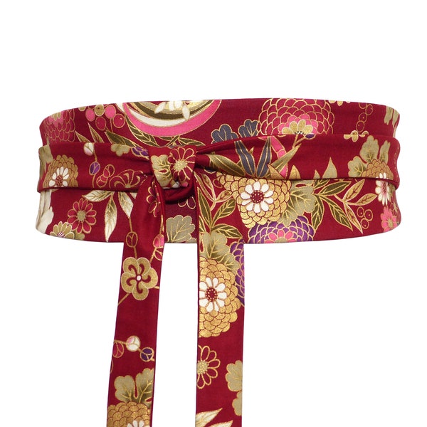 Ceinture Rouge Foncé Doré  à motif fleuri + rose / violet, obi à nouer, tissu japonais, pour kimono robe jupe combinaison, femme