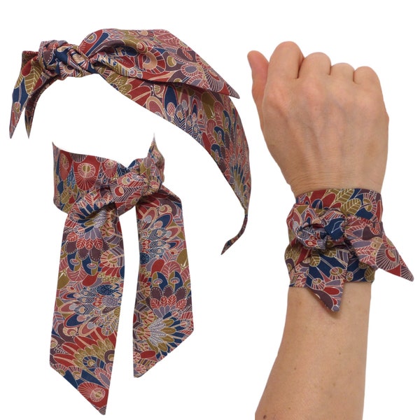 Foulard Bandeau à nouer, Liberty; à Cheveux, Headband fil de fer, Bracelet serre-tête, marron ocre rouille, eben paon oiseau