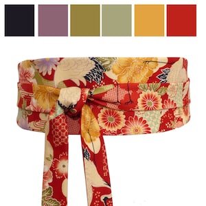 Red Obi belt flower & cranes, Wide wrap Waist Sash, Reversible: japanese cotton fabric, kimono dress, aqua orange beigeceladon green,