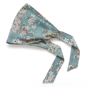 Wide Headband / Hair scarf,  pastel light / opal green with pink & white blossoms, Japanese cotton fabric, kerchief with straps