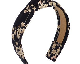 knotted headband, Floral Black with pastel beige pink Cherry Blossoms, Japanese fabric, for girl women