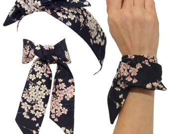Black scarf / band / headband with pastel beige pink cherry blossom, floral wrap wrist bracelet, for hat purse, skinny, neck bow, hair tie