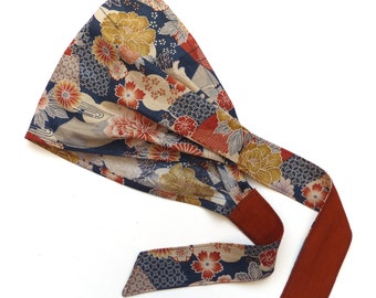 Foulard / Bandeau à cheveux Marine Rouille Beige, Fichu à nouer, Tissu coton motifs japonais, Femme