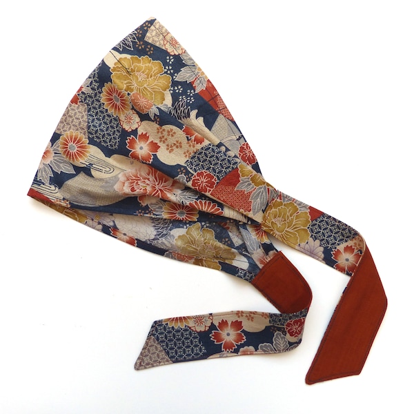 Head / Hair scarf, Navy Rust Beige, cotton crepe fabric,  self-tie wide headband / Kerchief, women's