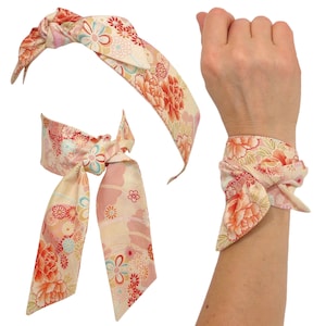 Foulard Bandeau à nouer, Motif Fleuri crème rose pastel, Tissu coton Japonais, Cheveux Bracelet, Headband flexible fil de fer; femme fille