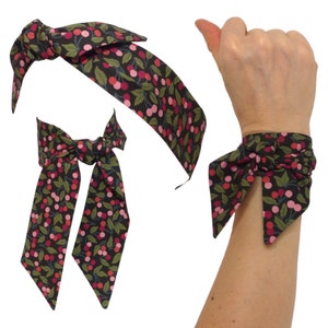 Zwarte Liberty Hoofdband Sjaal met Kersen patroon, om Haar, Armband, Hoofdband ijzerdraad hoofdband, Plantaardige katoenen stof te binden