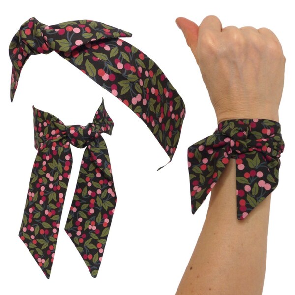 Foulard Bandeau Liberty Noir motif Cerises, à nouer Cheveux, Bracelet, Headband fil de fer serre-tête, Tissu Coton végétal