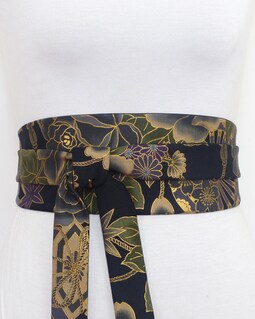 Black Obi Waist Belt With Floral Japanese Frieze of Traditional