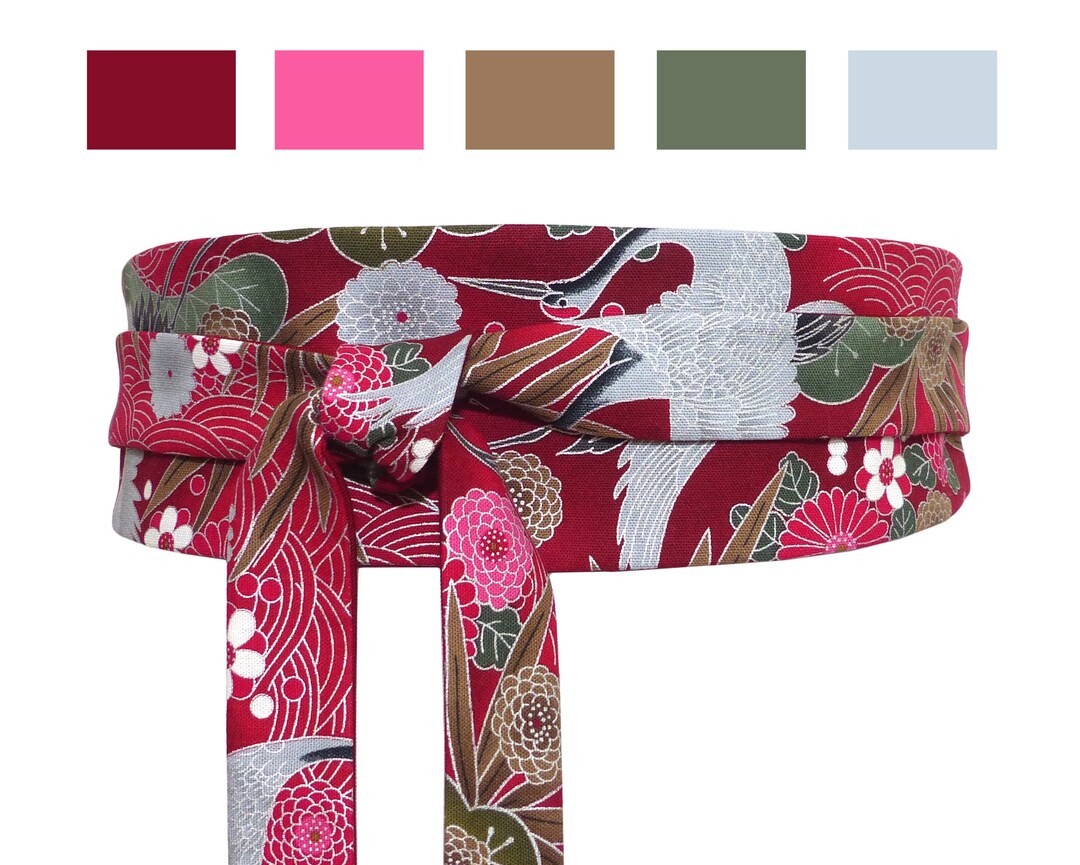 Ceinture obi à nouer Rouge Bordeaux Vert Olive, Réversible, tissu