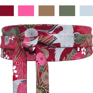 Cintura Obi reversibile bordeaux rosso oliva verde, tessuto giapponese con motivo a fiori e gru, abito kimono, donna