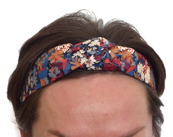 IN 2 WIDTHS, knotted rigid headband, silky cotton, floral pattern in Blue Beige Burgundy; women's hair bow