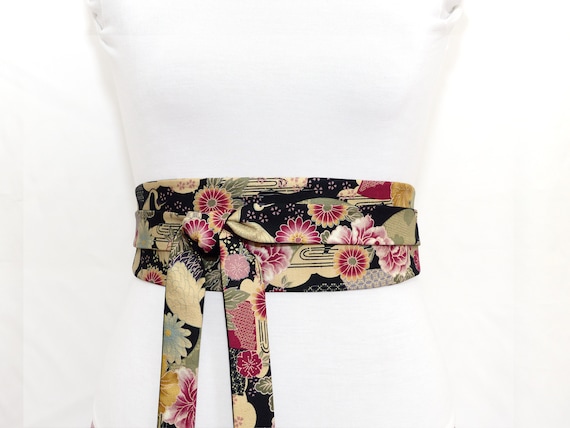 Black & Multicoloured Obi Wrap Belt, Reversible Wide Waist Belt, Kimono  Japanese Fabric With Traditional Patterns, Women's Grey Pink Black 