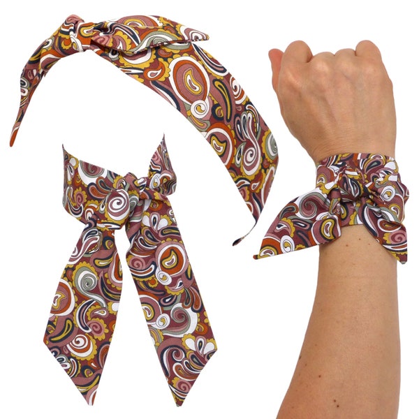 BIO Foulard Bandeau, Tissu Coton Motif Ethnique Graphique Marron Moutarde, ruban à nouer Cheveux, Headband fil de fer, Femme